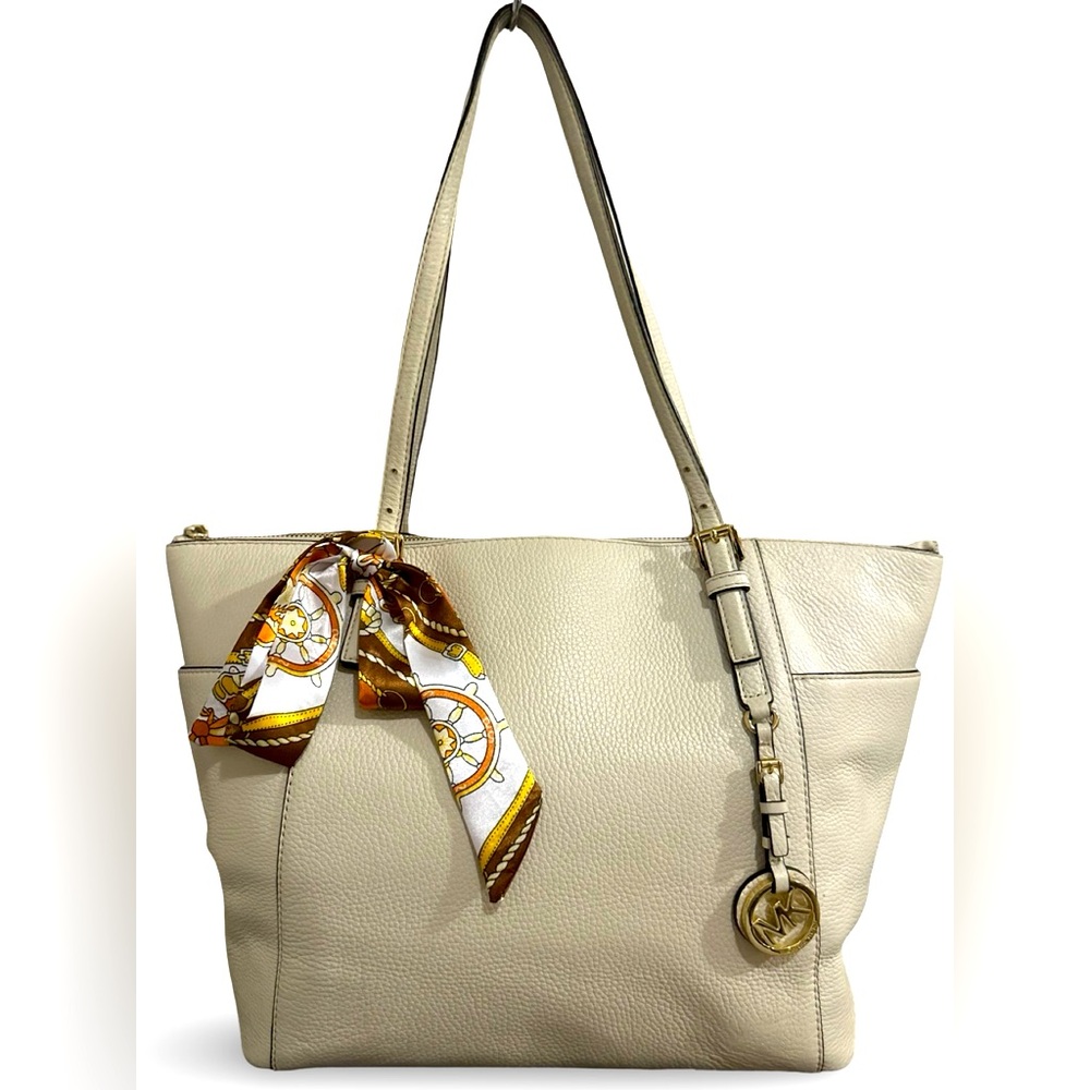 Michael Kors Collection Cream Leather Tote with Scarf and Gold Charm